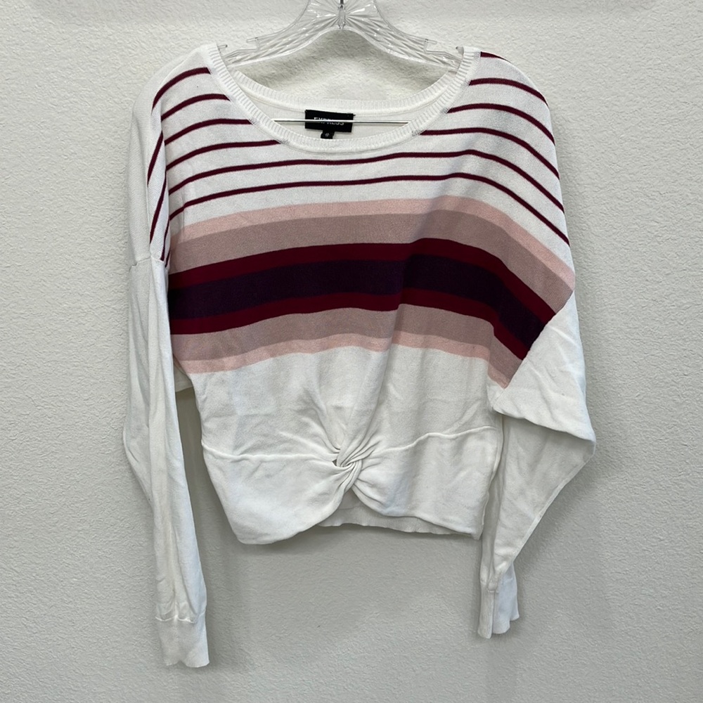Express White W/ Burgundy Stripe‎ Cross Front Crop Sweater Sz XS- EUC